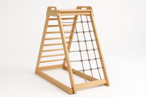 Kinder-Klettergerüst Massivholz A-Form Natur Hanfseilnetz