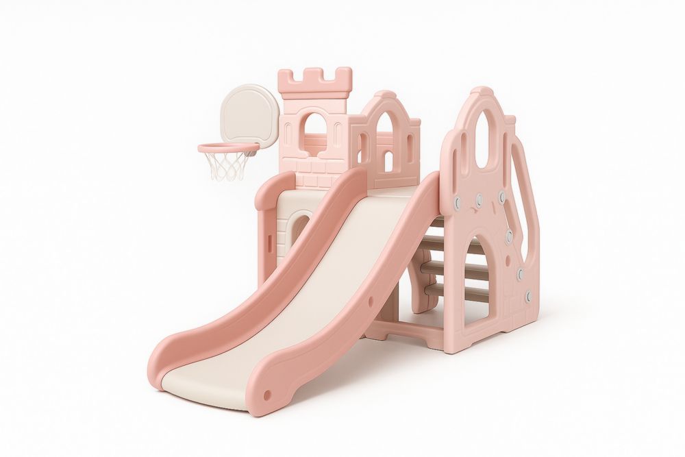 Kinderrutsche Kunststoff Rosa Spielturm Set mit Basketballkorb für Drinnen und Draußen