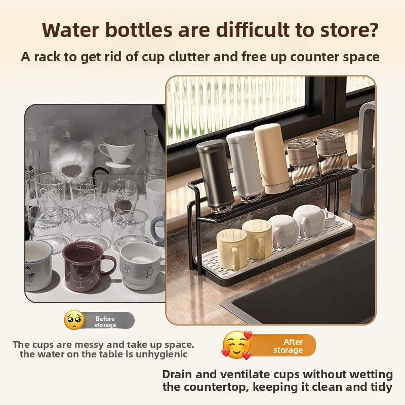 Cup holder storage rack, kitchen dining table countertop double-layer draining tray rack