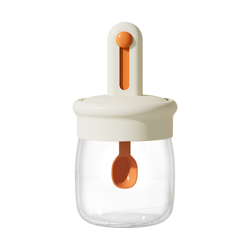 Telescopic condiment jar with integrated spoon and lid, condiment bottle