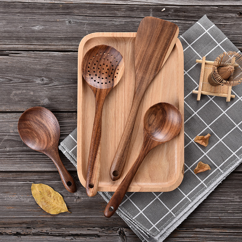 Seven-piece teak cooking spatula and spoon set: long-handled wooden kitchen utensils for non-stick pans