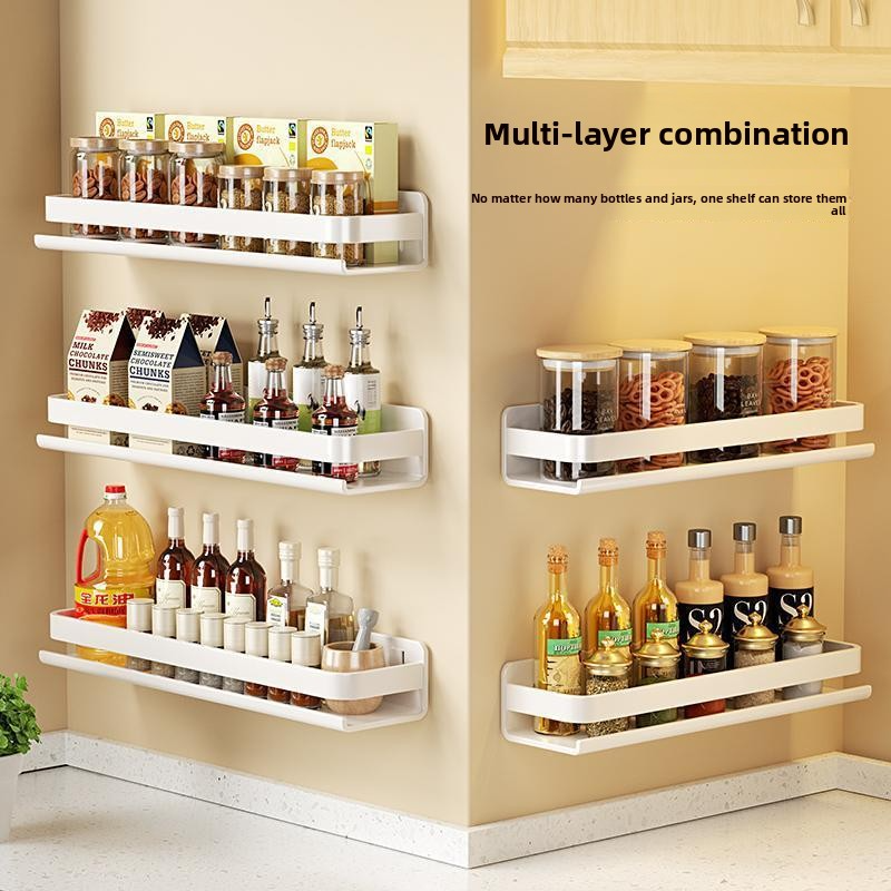 Hole-free wall-mounted multi-functional kitchen storage rack for condiments