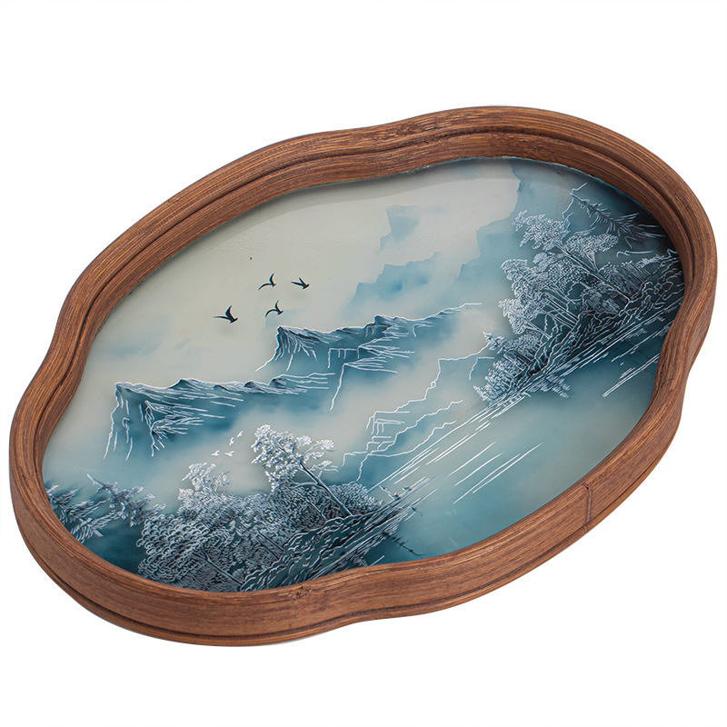 Chinese-style retro landscape ink painting style begonia flower tray