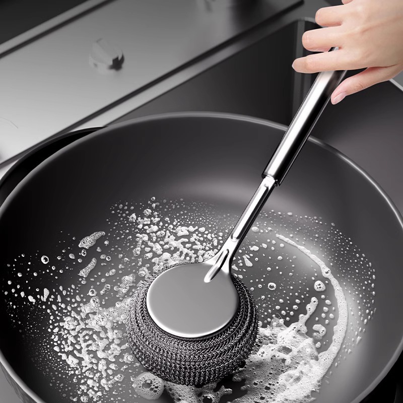 Stainless steel pot brush, long-handled pot cleaning brush specially for kitchen use