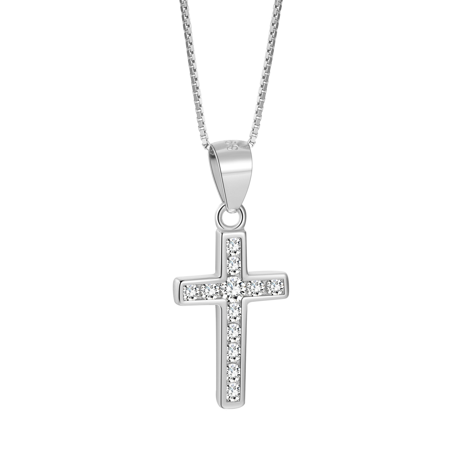Sterling silver cross pendant necklace inlaid with diamonds