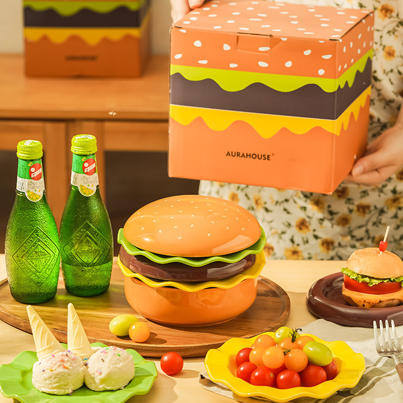Ceramic tableware set of plates and bowls with a hamburger shape design