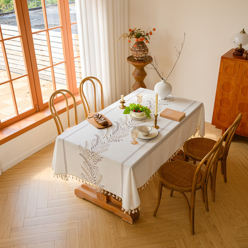 Embroidered checkered flower tassel tablecloth, rectangular coffee table cloth, dining table cloth