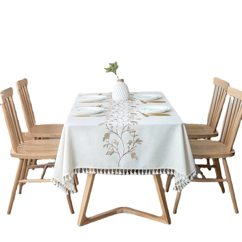 Embroidered checkered flower tassel tablecloth, rectangular coffee table cloth, dining table cloth
