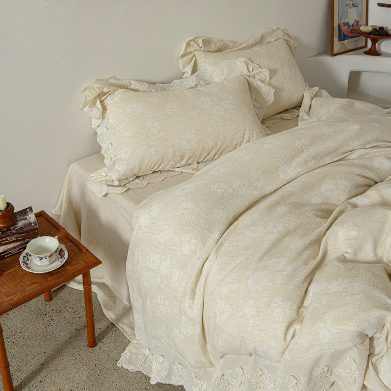 Cotton and linen double-layer yarn jacquard bed sheet,  four-piece set