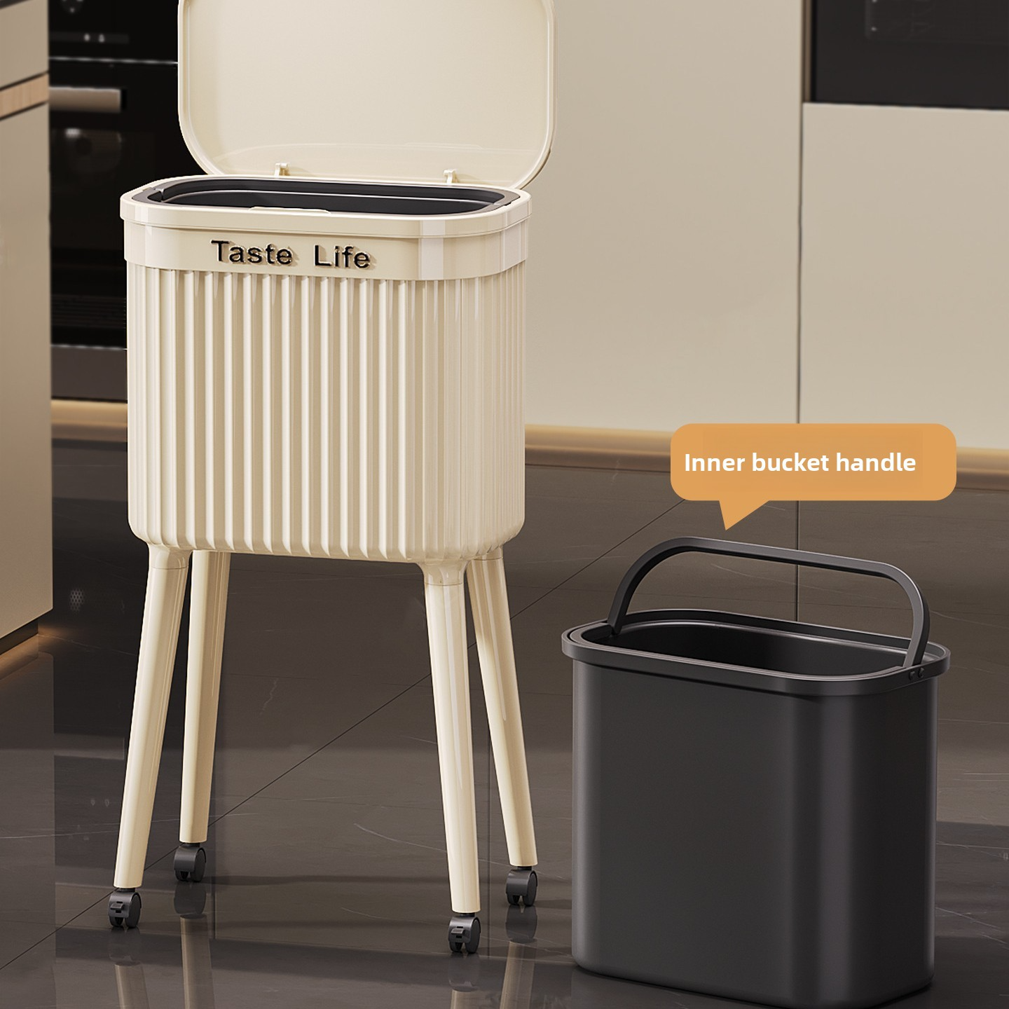 Large-capacity mobile wheeled high-foot trash can for living room, bedroom, kitchen and bathroom, no need to bend down for home use
