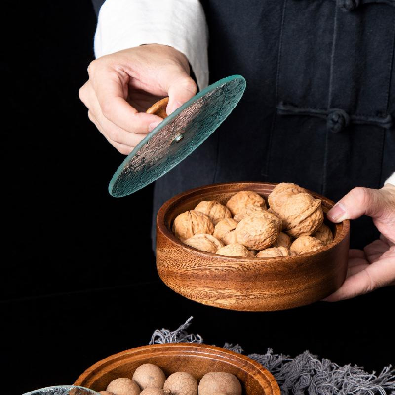 Japanese-style Begonia Glass Walnut Wood Fruit Plate
