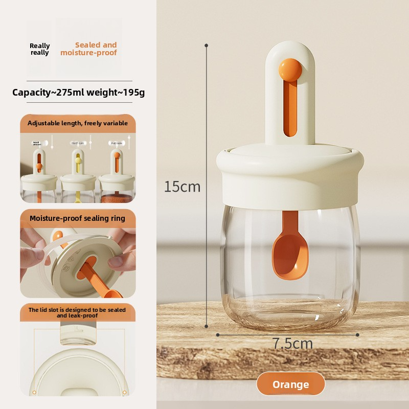 Telescopic condiment jar with integrated spoon and lid, condiment bottle