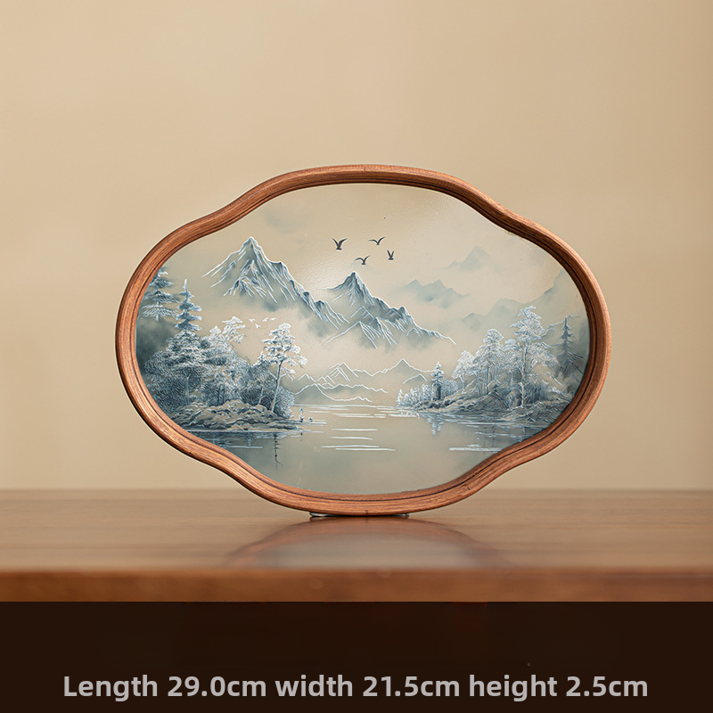 Chinese-style retro landscape ink painting style begonia flower tray