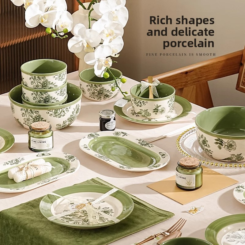 Dark Green Ceramic Bowl and Plate Set Gift Box