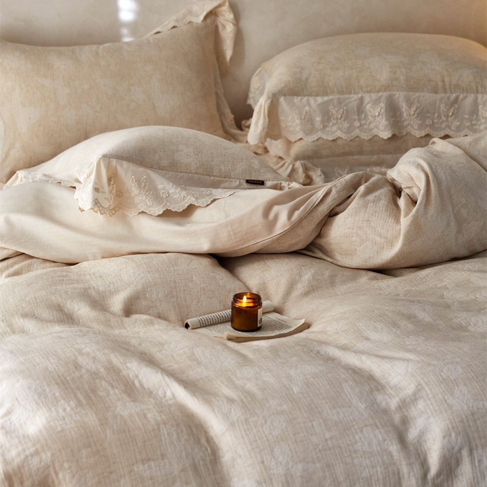 Simple linen-cotton jacquard four-piece set, skin-friendly and breathable quilt cover bedding