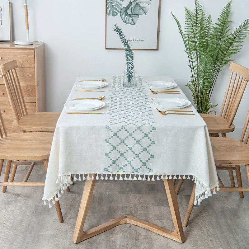 Embroidered checkered flower tassel tablecloth, rectangular coffee table cloth, dining table cloth