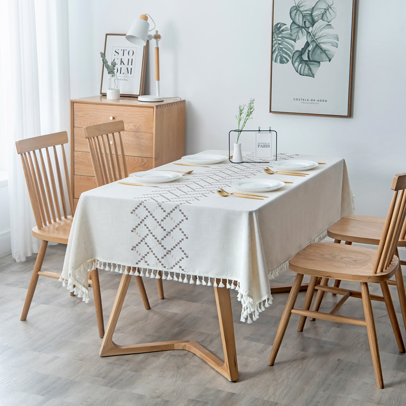 Embroidered checkered flower tassel tablecloth, rectangular coffee table cloth, dining table cloth