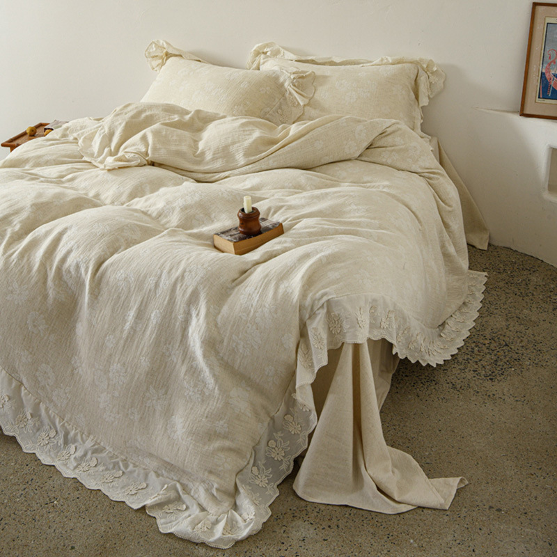 Cotton and linen double-layer yarn jacquard bed sheet,  four-piece set