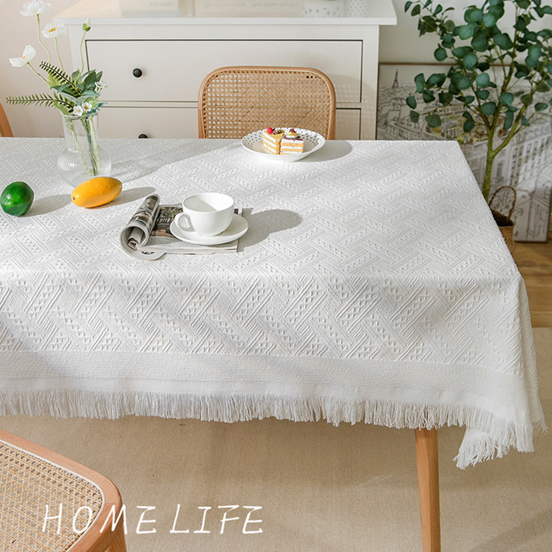 Coffee table cloth with tassels, wear-resistant tablecloth, dust-proof waffle tablecloth, round tablecloth