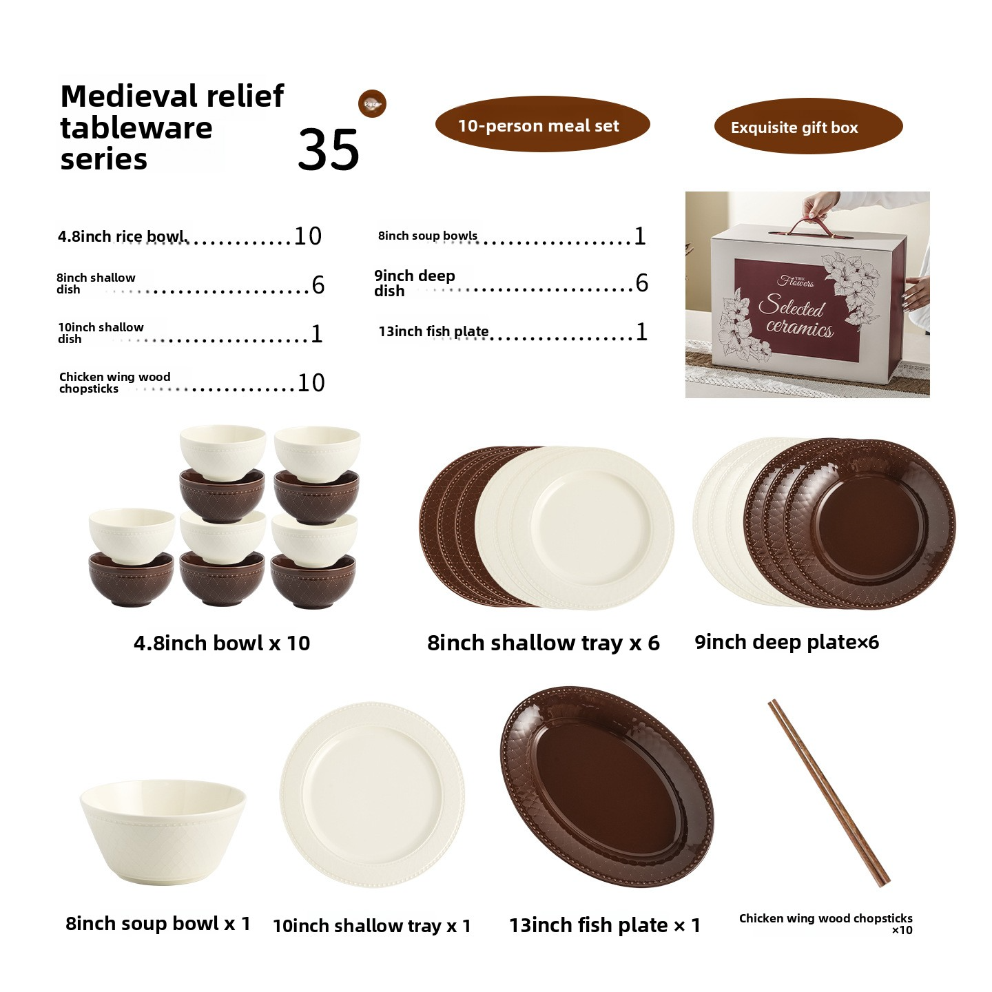 Mid-century style embossed ceramic tableware set, household ceramic underglaze color tableware