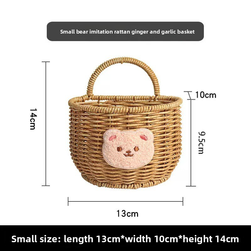 Wall-mounted rattan-like woven basket for storing green onions, ginger, and garlic in the kitchen