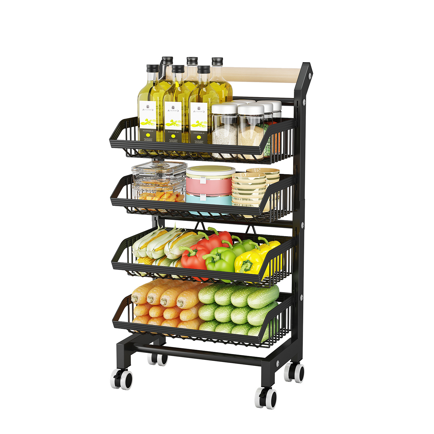 Floor-standing storage rack for kitchen supplies, fruits and vegetables baskets