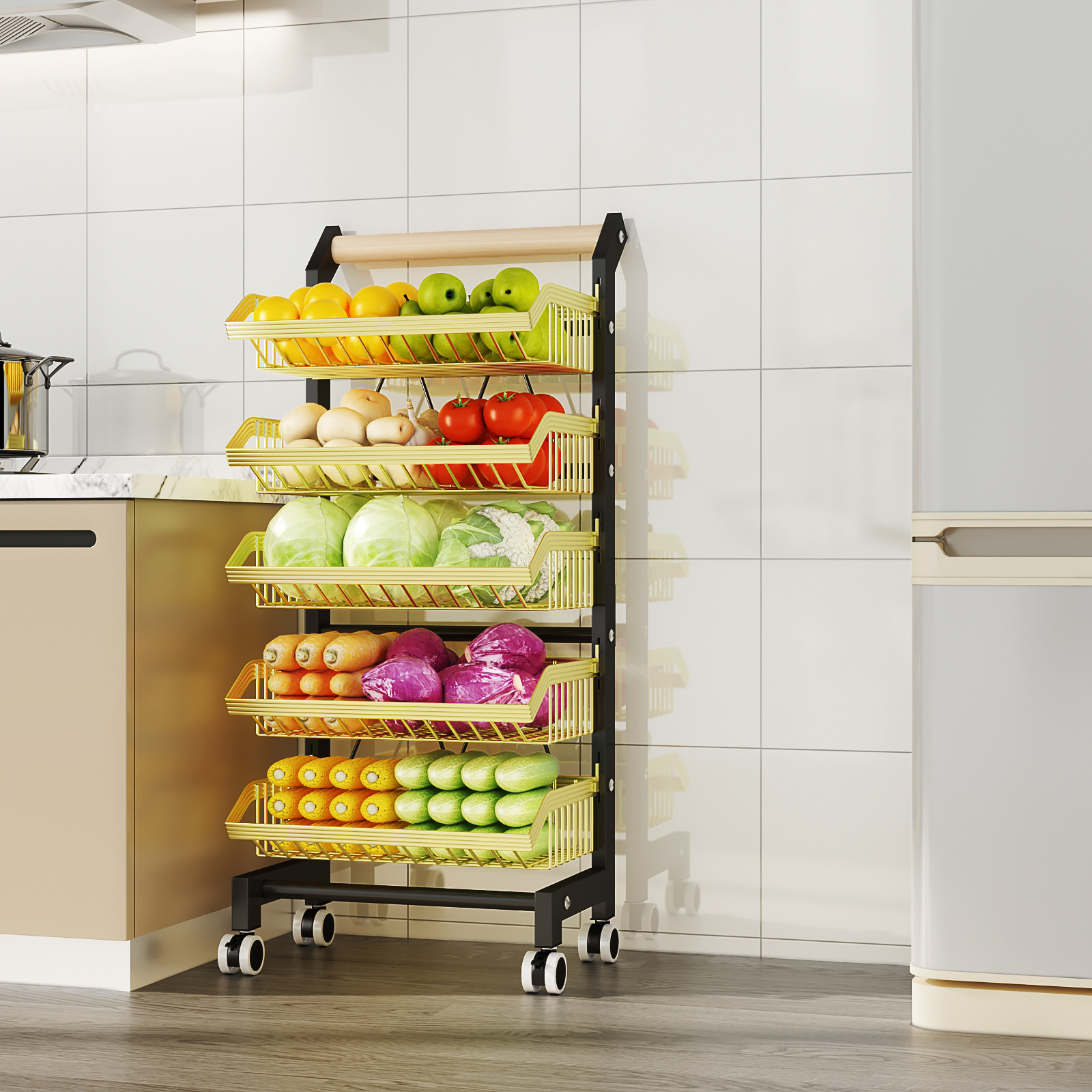 Floor-standing storage rack for kitchen supplies, fruits and vegetables baskets