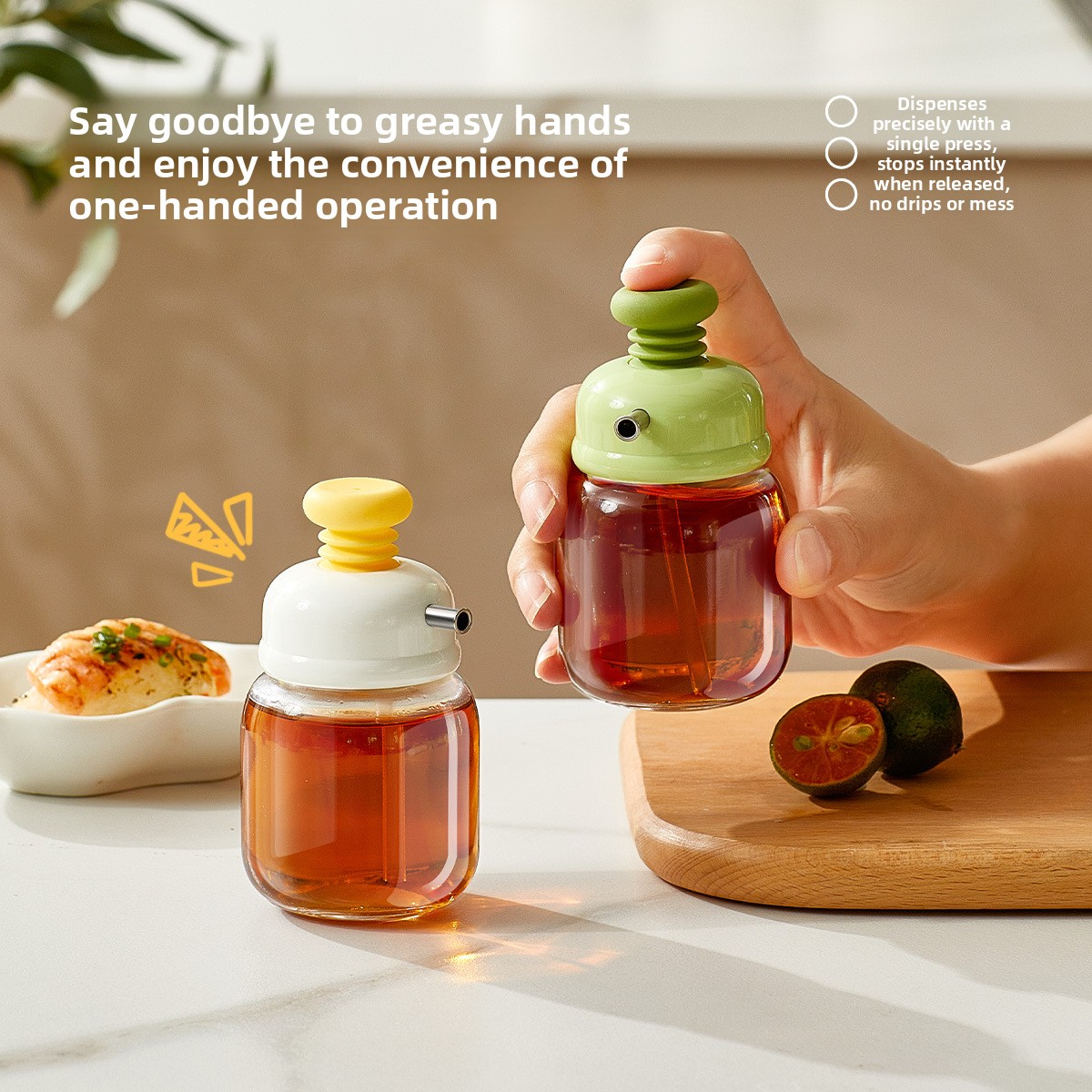 Press-type oil bottle, glass controlled-quantity seasoning bottle