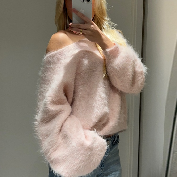 Fluffy Mohair off shoulder Cropped Sweater Oversize Slouchy