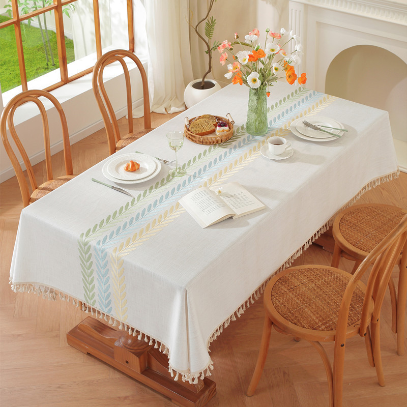 Embroidered checkered flower tassel tablecloth, rectangular coffee table cloth, dining table cloth
