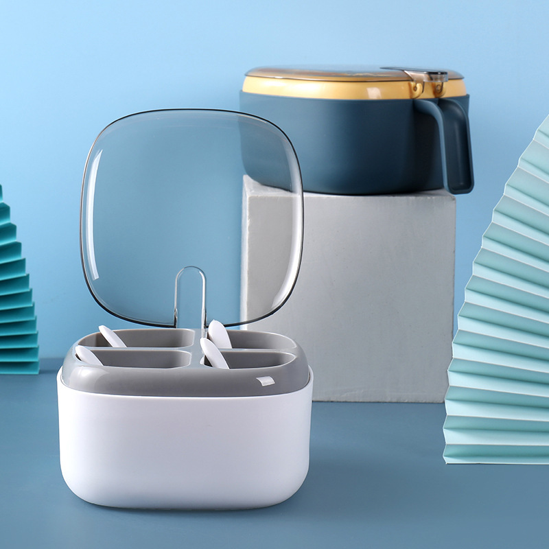 Press-type four-compartment condiment box with transparent lid and spoon