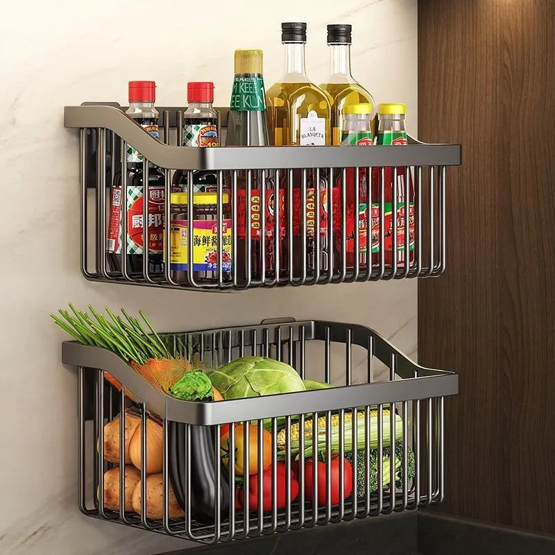 Gunmetal gray kitchen shelf - a hole-free wall-mounted basket for storing green onions, ginger, and garlic