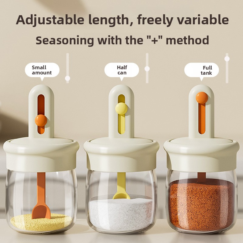 Telescopic condiment jar with integrated spoon and lid, condiment bottle
