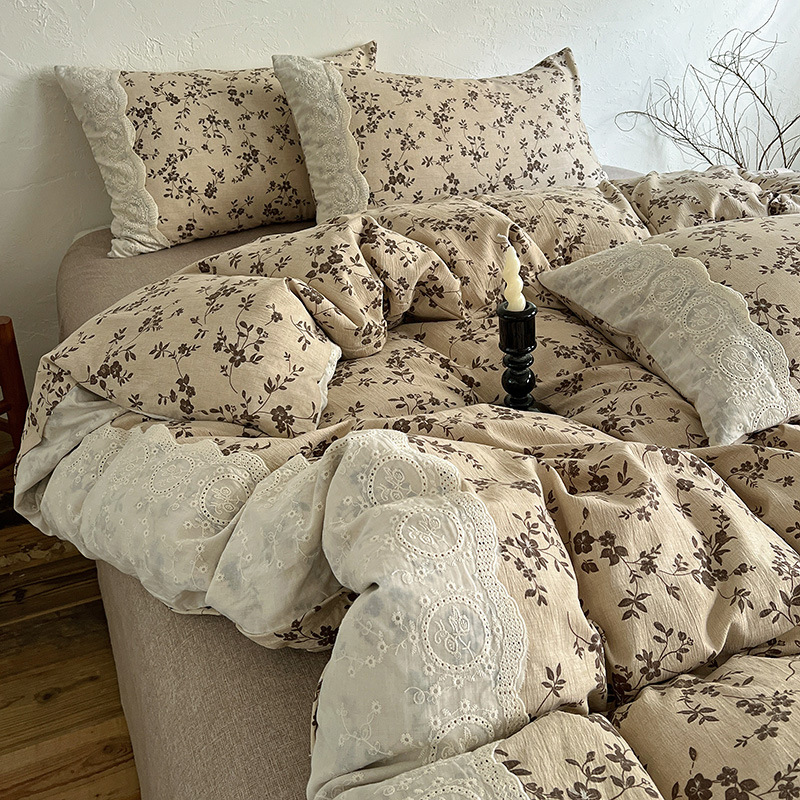 New autumn and winter linen retro all-cotton lace four-piece set