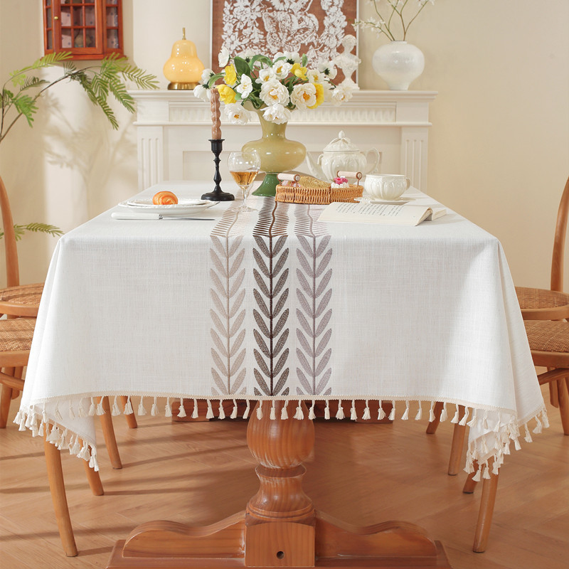Embroidered checkered flower tassel tablecloth, rectangular coffee table cloth, dining table cloth
