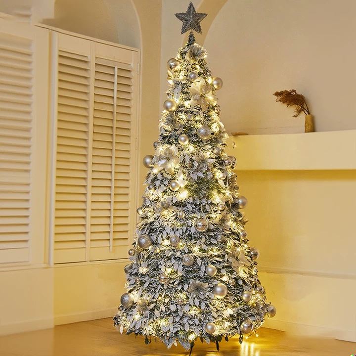 Cross-Border New Foldable Christmas Tree Flocked PVC 2.01m Dense Christmas Home Telescopic Decorative Tree