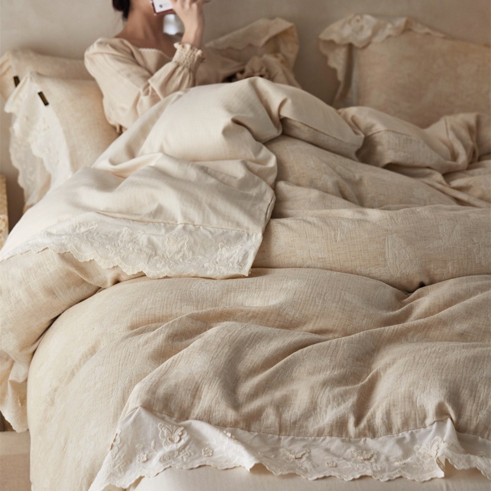 Simple linen-cotton jacquard four-piece set, skin-friendly and breathable quilt cover bedding