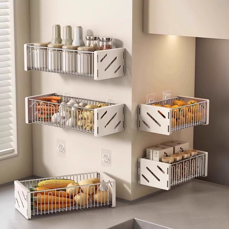 Wall-mounted seasoning rack for ginger, onion and garlic in the kitchen