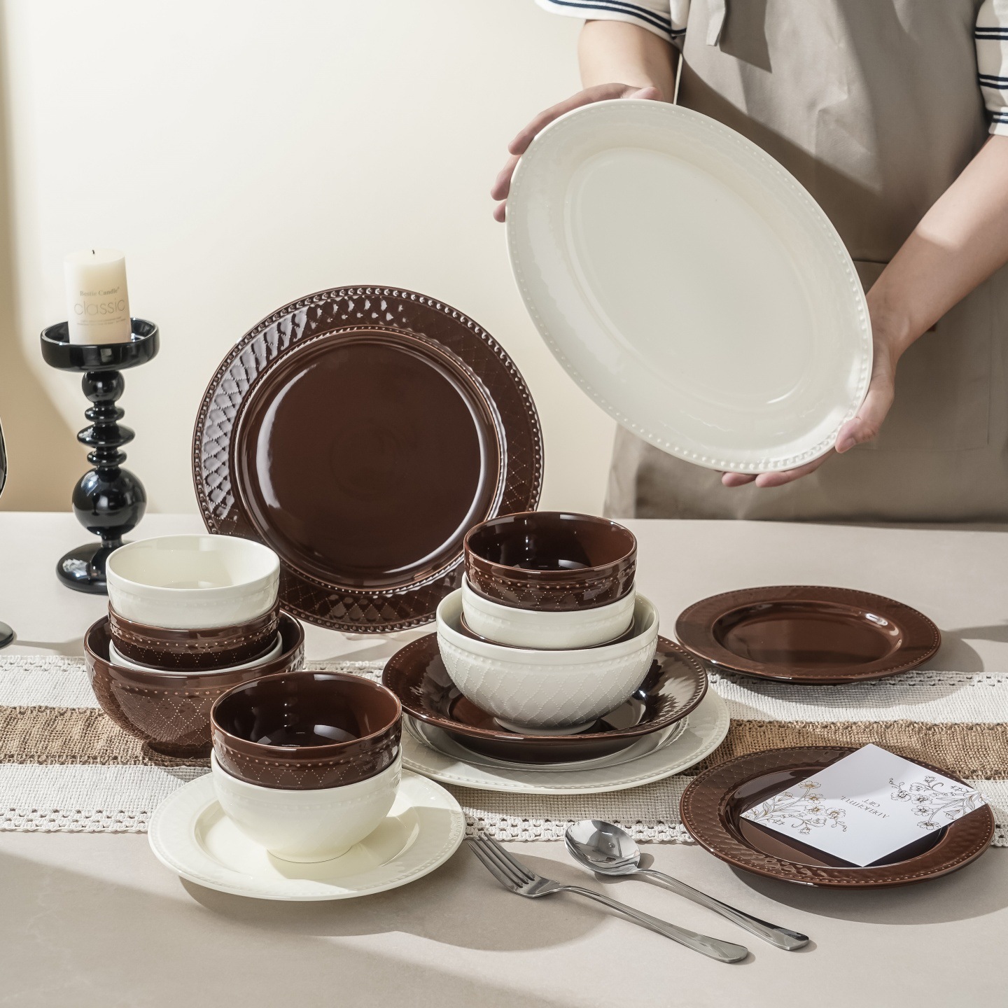 Mid-century style embossed ceramic tableware set, household ceramic underglaze color tableware