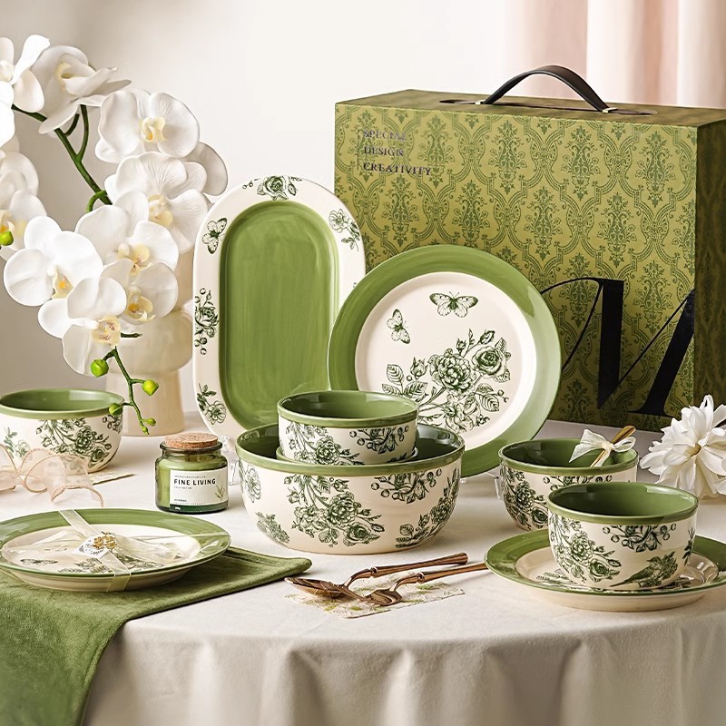 Dark Green Ceramic Bowl and Plate Set Gift Box