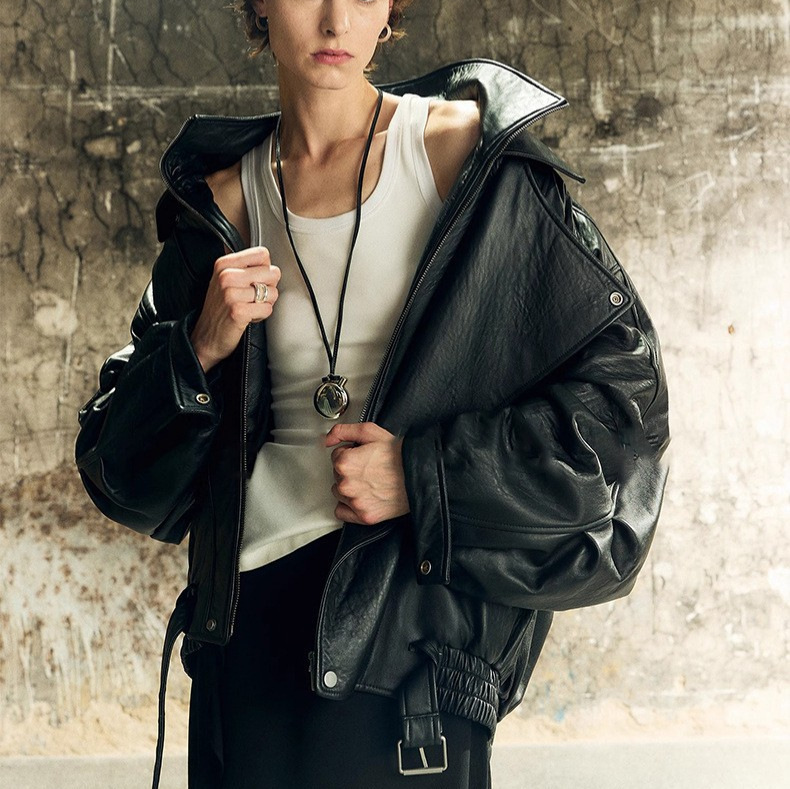 Modern double-layer collar leather jacket