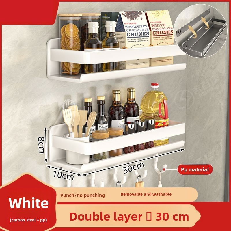 Hole-free wall-mounted multi-functional kitchen storage rack for condiments