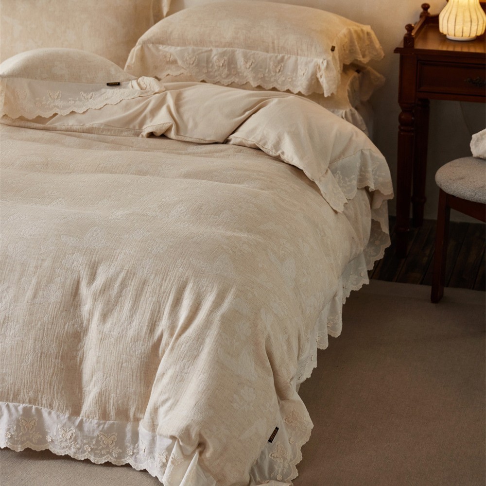 Simple linen-cotton jacquard four-piece set, skin-friendly and breathable quilt cover bedding
