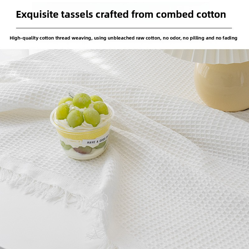Coffee table cloth with tassels, wear-resistant tablecloth, dust-proof waffle tablecloth, round tablecloth