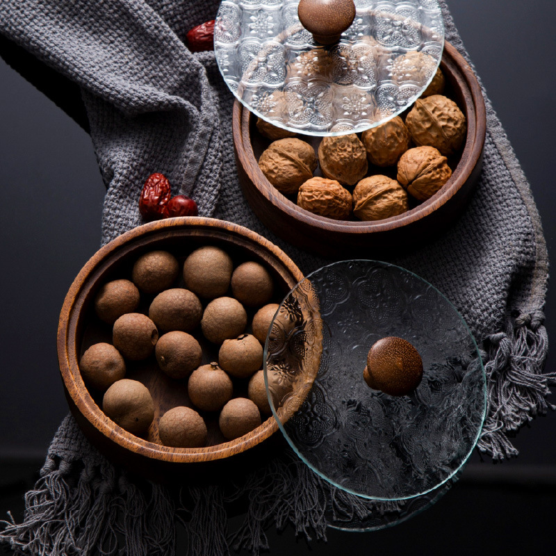 Japanese-style Begonia Glass Walnut Wood Fruit Plate