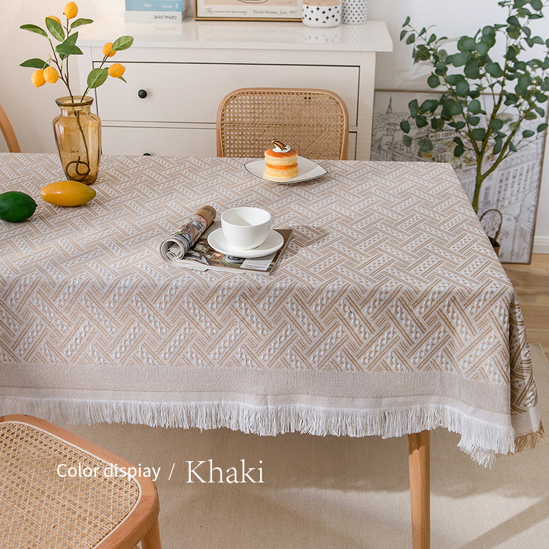 Coffee table cloth with tassels, wear-resistant tablecloth, dust-proof waffle tablecloth, round tablecloth