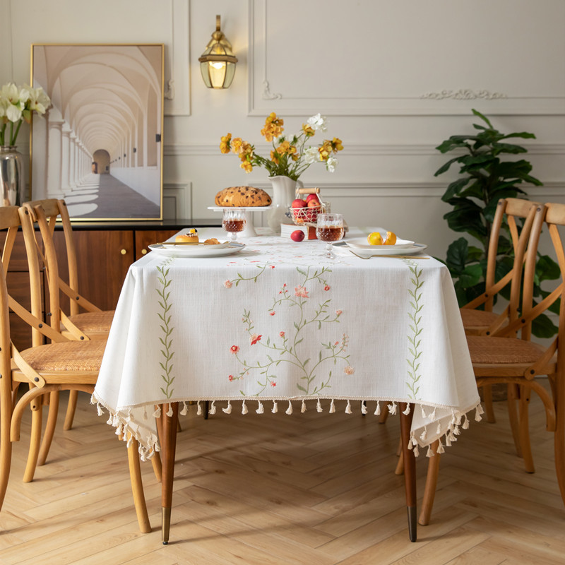 Embroidered checkered flower tassel tablecloth, rectangular coffee table cloth, dining table cloth