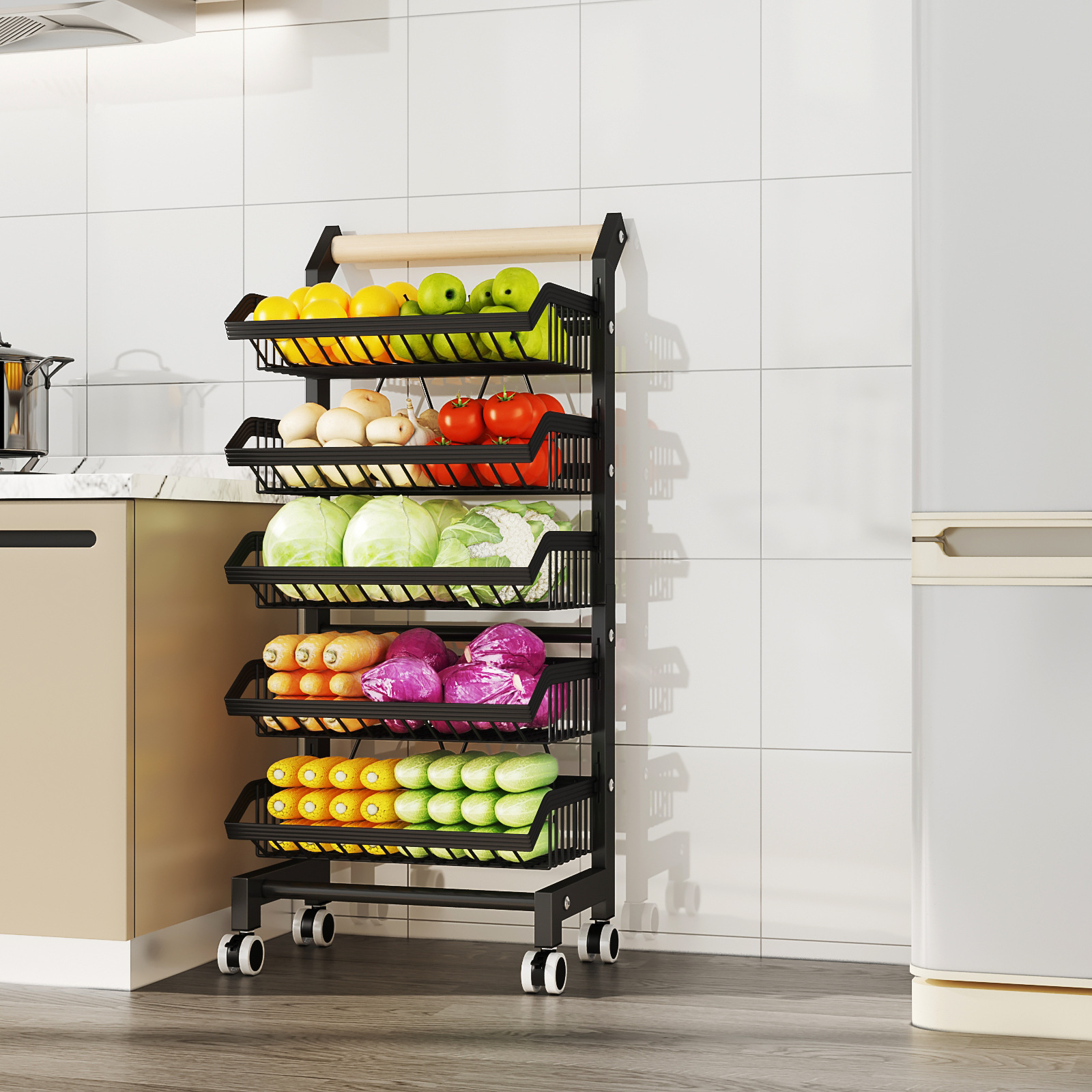 Floor-standing storage rack for kitchen supplies, fruits and vegetables baskets
