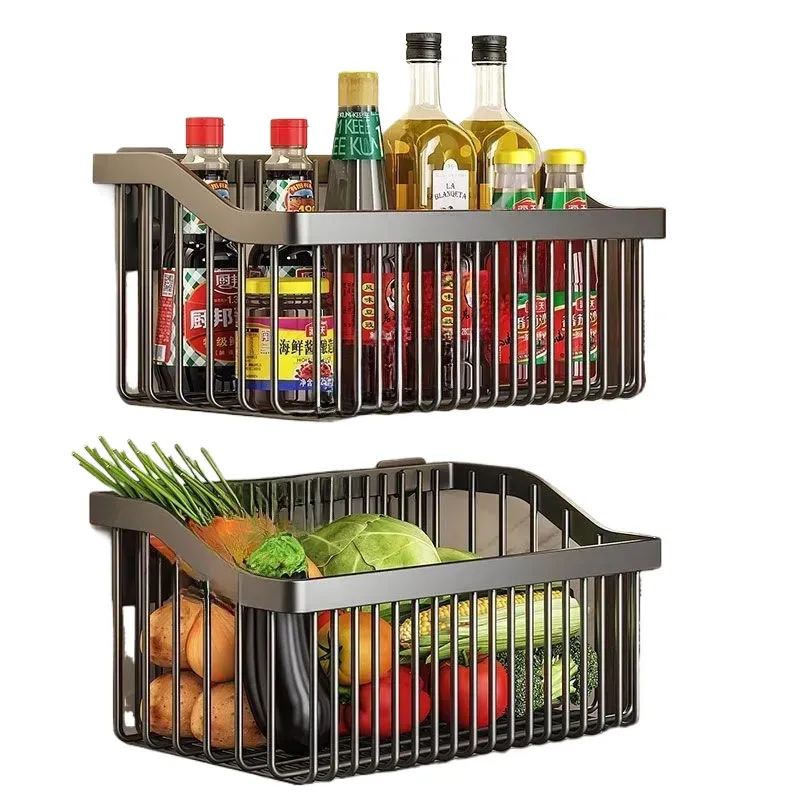 Gunmetal gray kitchen shelf - a hole-free wall-mounted basket for storing green onions, ginger, and garlic