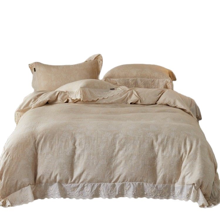 Simple linen-cotton jacquard four-piece set, skin-friendly and breathable quilt cover bedding